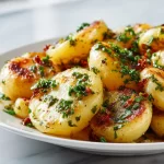 Creamy garlic Spanish potatoes served in a bowl, garnished with herbs.