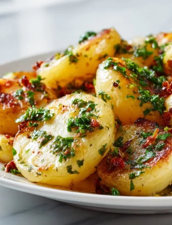 Creamy garlic Spanish potatoes served in a bowl, garnished with herbs.