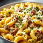 Creamy high protein beef pasta dish with garnished herbs