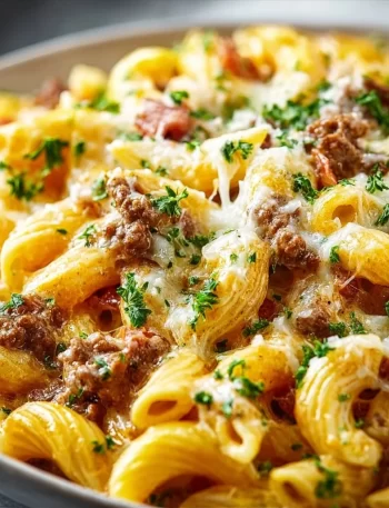 Creamy high protein beef pasta dish with garnished herbs