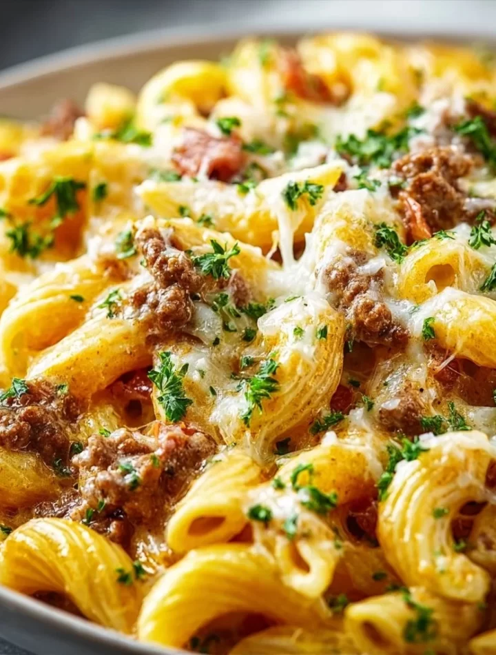 Creamy high protein beef pasta dish with garnished herbs