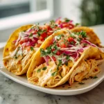 Creamy queso chicken tacos topped with fresh ingredients and served on corn tortillas.