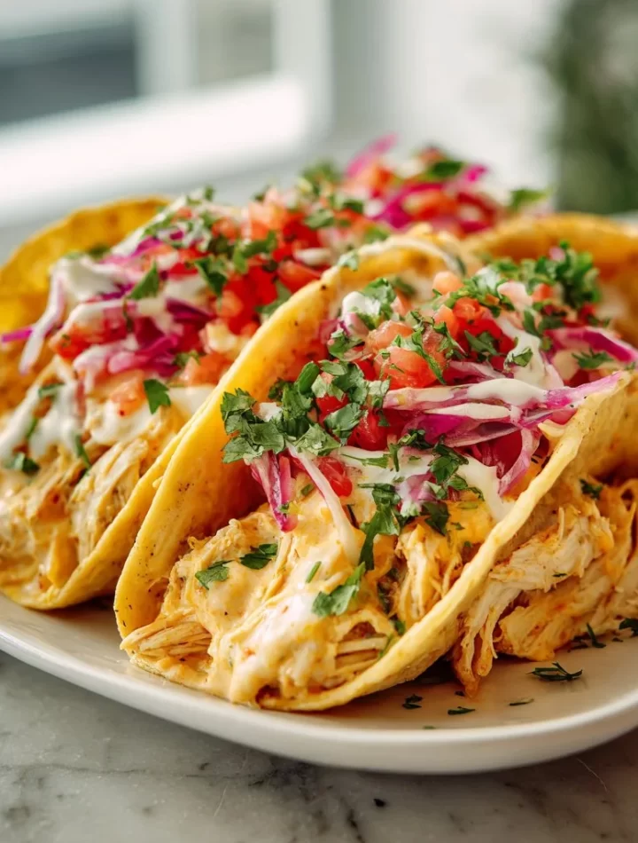 Creamy queso chicken tacos topped with fresh ingredients and served on corn tortillas.