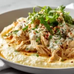 Creamy slow cooker crack chicken ready to serve on a plate.
