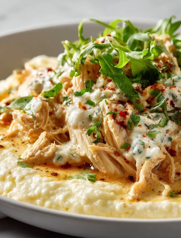Creamy slow cooker crack chicken ready to serve on a plate.