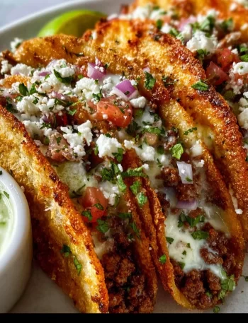 Crispy ground beef tacos served with fresh toppings and toppings