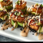 Crispy shrimp rice muffins served on a plate with a garnish.