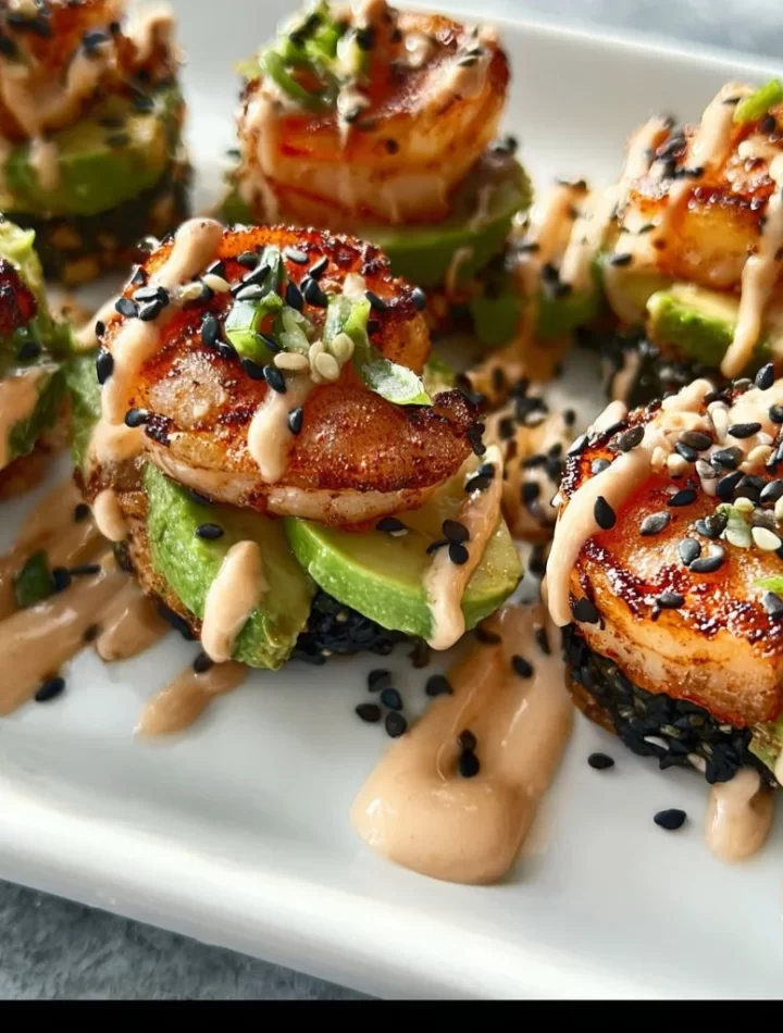 Crispy shrimp rice muffins served on a plate with a garnish.