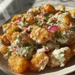 Bowl of crispy tater tot potato salad with colorful vegetables and dressing