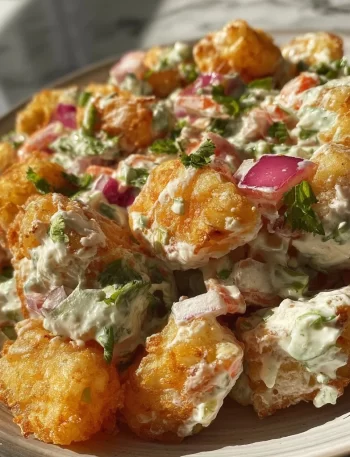 Bowl of crispy tater tot potato salad with colorful vegetables and dressing