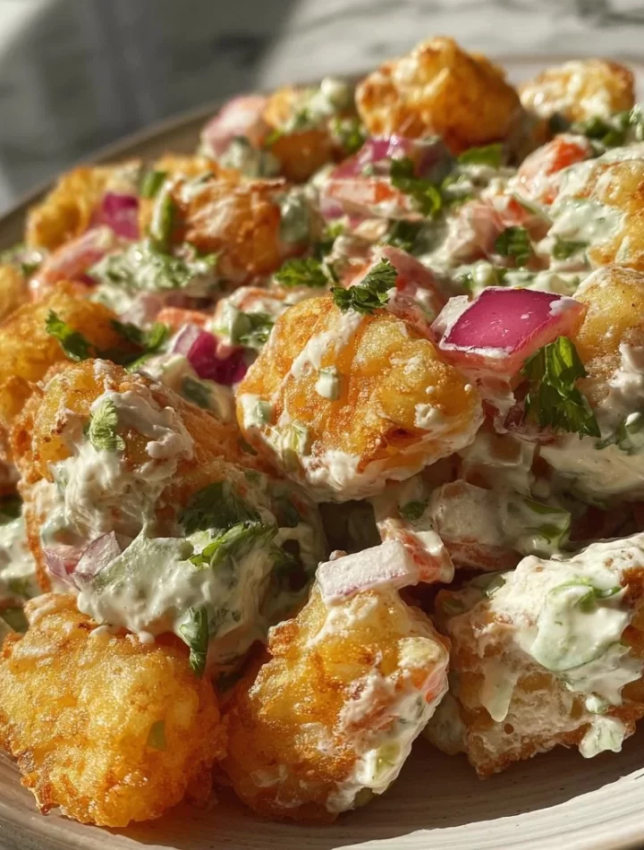 Bowl of crispy tater tot potato salad with colorful vegetables and dressing
