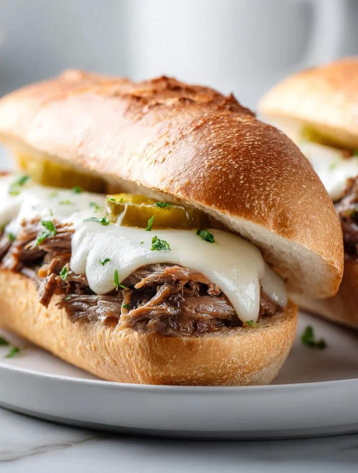 Crockpot French Dip Sandwiches served with au jus for dipping.