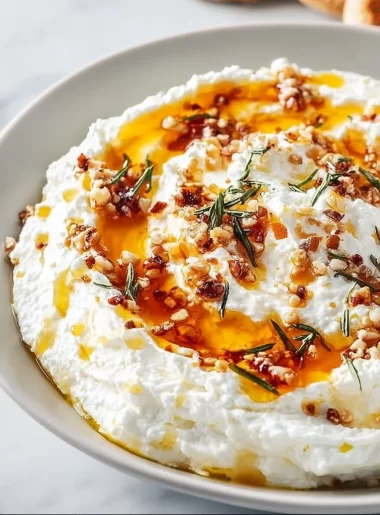 Delicious ricotta dip topped with hot honey served in a bowl