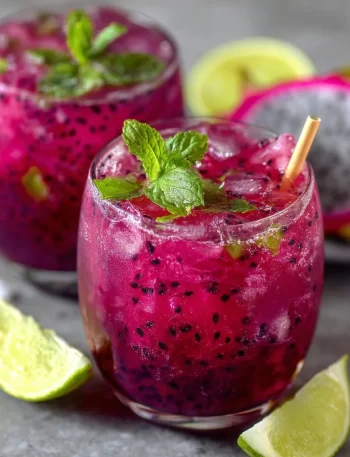 Refreshing Dragon Fruit Juice Mojito served in a glass, garnished with mint and lime.