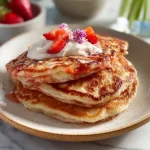 Fluffy strawberry pancakes topped with fresh strawberries on a plate.