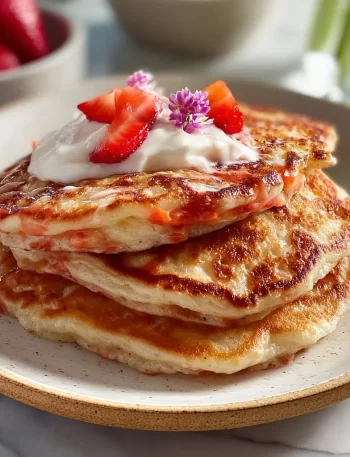 Fluffy strawberry pancakes topped with fresh strawberries on a plate.