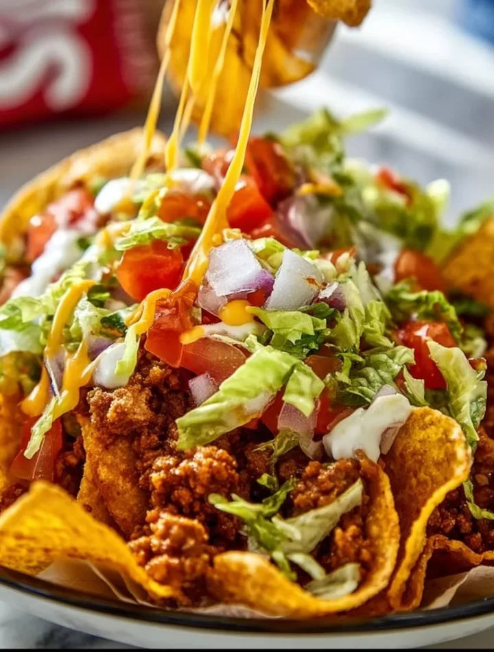 Delicious walking tacos served in a bag with toppings and ingredients.