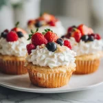 Colorful beach-themed cupcakes topped with edible sand and seashells for summer parties.