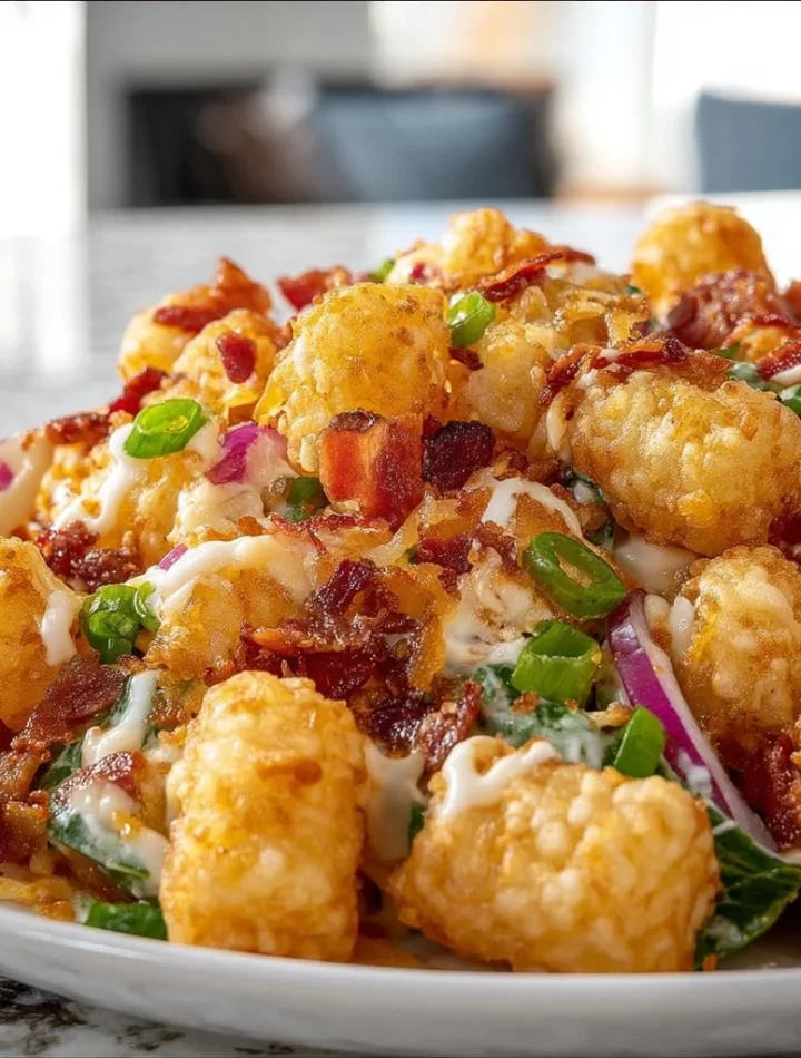 Crispy loaded baked potato salad made with tater tots in a bowl