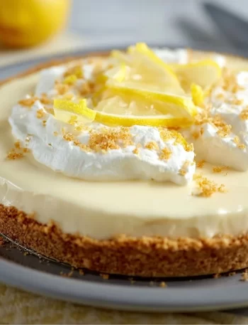 Slice of easy lemon cream pie with lemon garnish on a plate