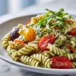 Bowl of easy pesto pasta salad with fresh vegetables and basil