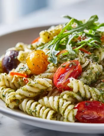 Bowl of easy pesto pasta salad with fresh vegetables and basil