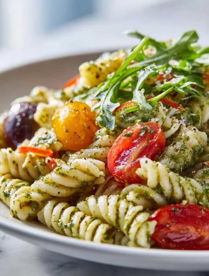 Bowl of easy pesto pasta salad with fresh vegetables and basil
