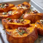 Bowl of easy roasted sweet potatoes garnished with herbs and spices