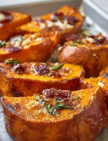 Bowl of easy roasted sweet potatoes garnished with herbs and spices