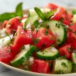 Bowl of refreshing easy watermelon cucumber salad with mint and lime