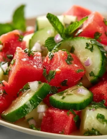 Bowl of refreshing easy watermelon cucumber salad with mint and lime