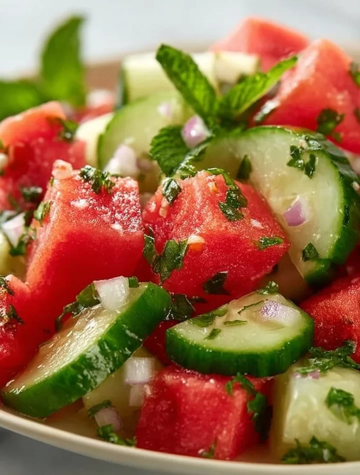 Bowl of refreshing easy watermelon cucumber salad with mint and lime