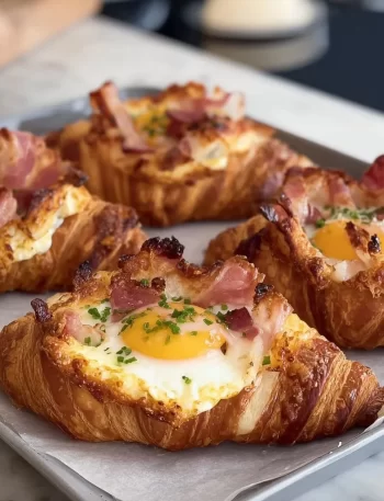 Egg & bacon croissant boats served as a delicious breakfast dish