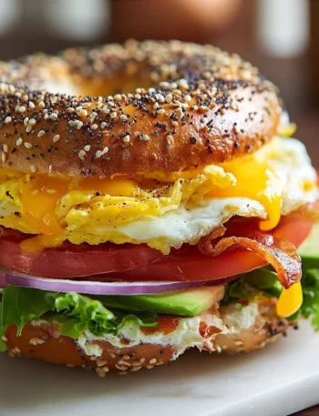 Everything Bagel Breakfast Sandwich with egg, cheese, and toppings