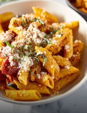 Bowl of hearty roasted vegetable pasta sauce with fresh ingredients