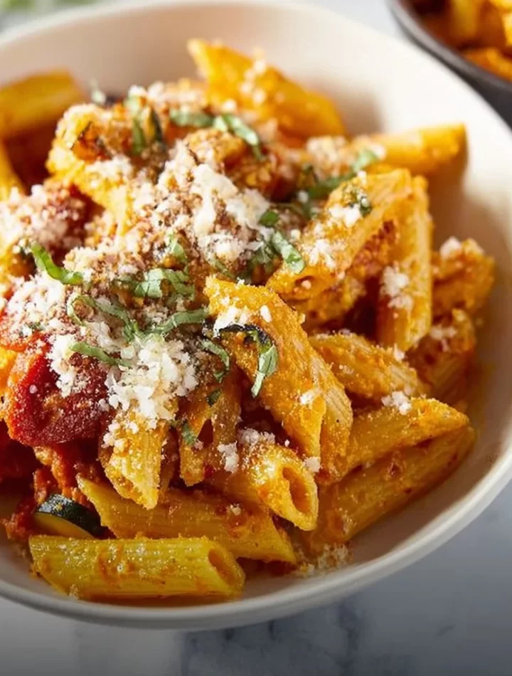 Bowl of hearty roasted vegetable pasta sauce with fresh ingredients