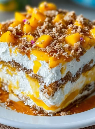 Delicious Filipino Mango Float dessert with layers of cream and fresh mangoes.
