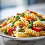 A colorful garden pasta salad with fresh vegetables and herbs.