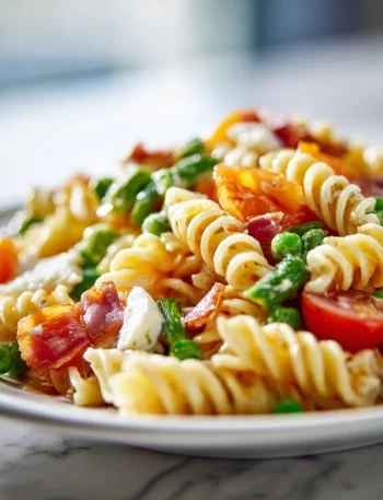 A colorful garden pasta salad with fresh vegetables and herbs.