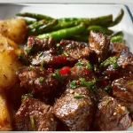 Delicious Garlic Balsamic Steak Bites served on a plate