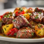Delicious Garlic Butter Beef Bites served with savory roasted potatoes