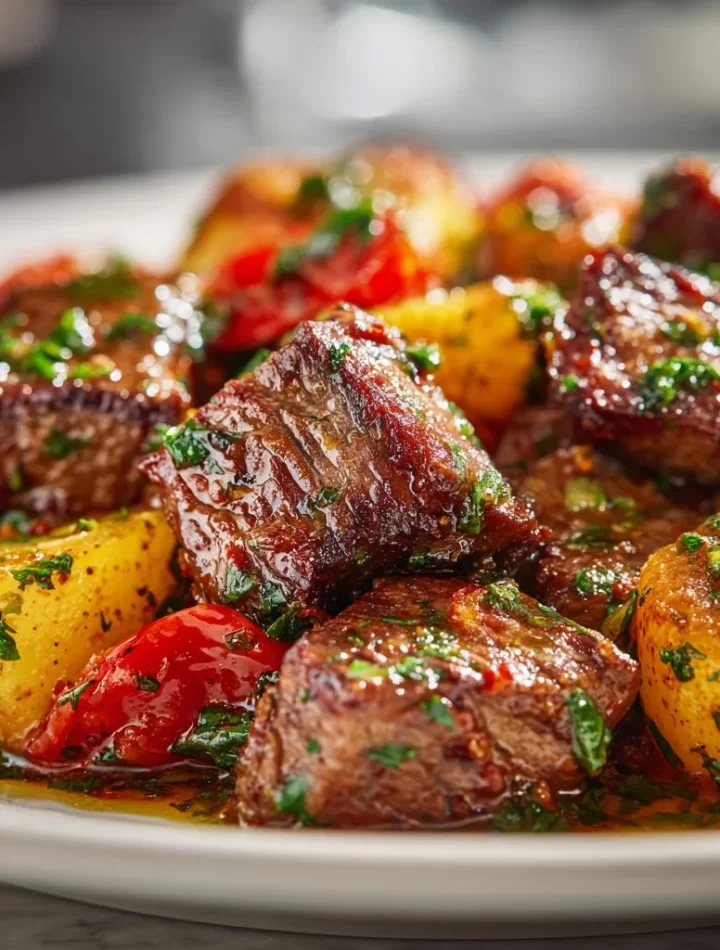 Delicious Garlic Butter Beef Bites served with savory roasted potatoes