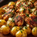 Garlic Parmesan Chicken Thighs with crispy potatoes on a plate