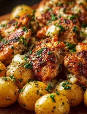 Garlic Parmesan Chicken Thighs with crispy potatoes on a plate