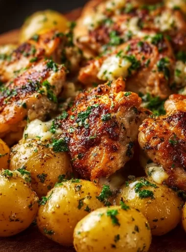 Garlic Parmesan Chicken Thighs with crispy potatoes on a plate