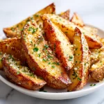 Crispy Garlic Parmesan Potato Wedges served on a plate