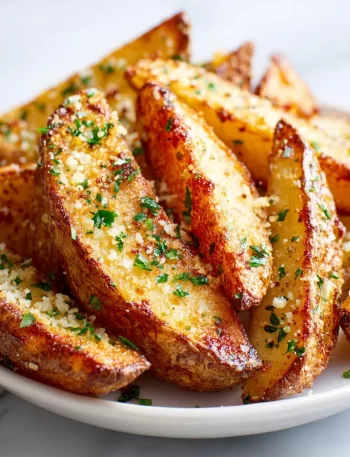 Crispy Garlic Parmesan Potato Wedges served on a plate