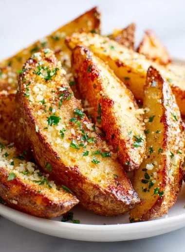 Crispy Garlic Parmesan Potato Wedges served on a plate
