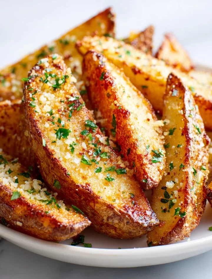 Crispy Garlic Parmesan Potato Wedges served on a plate