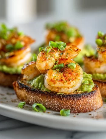 Delicious Garlic Shrimp Crostini topped with Avocado for a delightful appetizer.